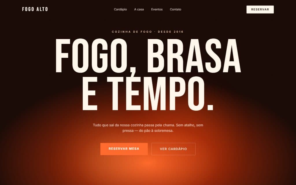 Demo Fogo Alto: hero de restaurante com foto de prato em destaque