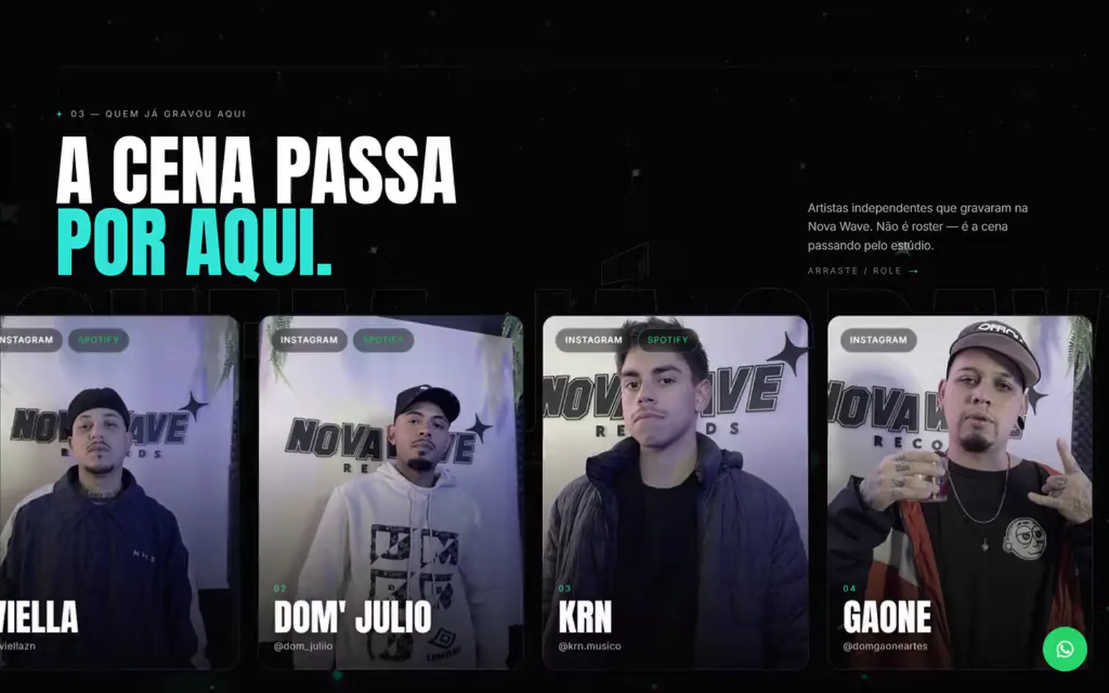 Seção de artistas do site da Nova Wave Records: cards em faixa horizontal com links para Instagram e Spotify