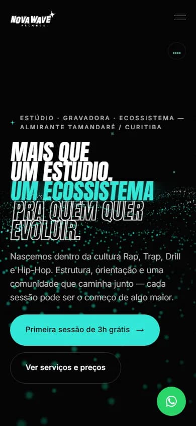 Versão mobile do site da Nova Wave Records: hero com onda de partículas e botão de primeira sessão grátis